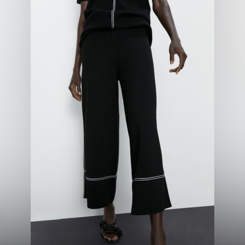 Zara Black Wide-Leg Pants with White Stitching - Picture 2 of 5